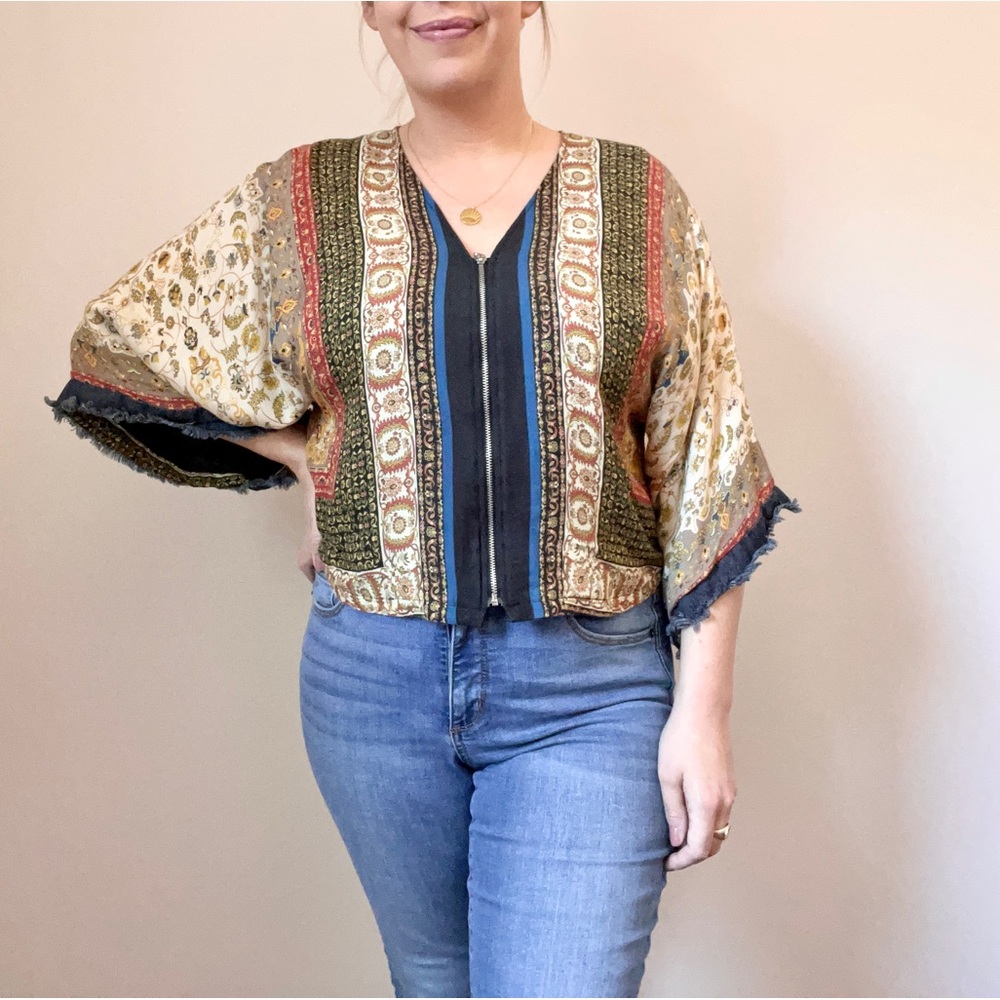 Zara Boho Scarf Print Fringe Kimono Sleeve Zip Blouse XS - Picture 4 of 13